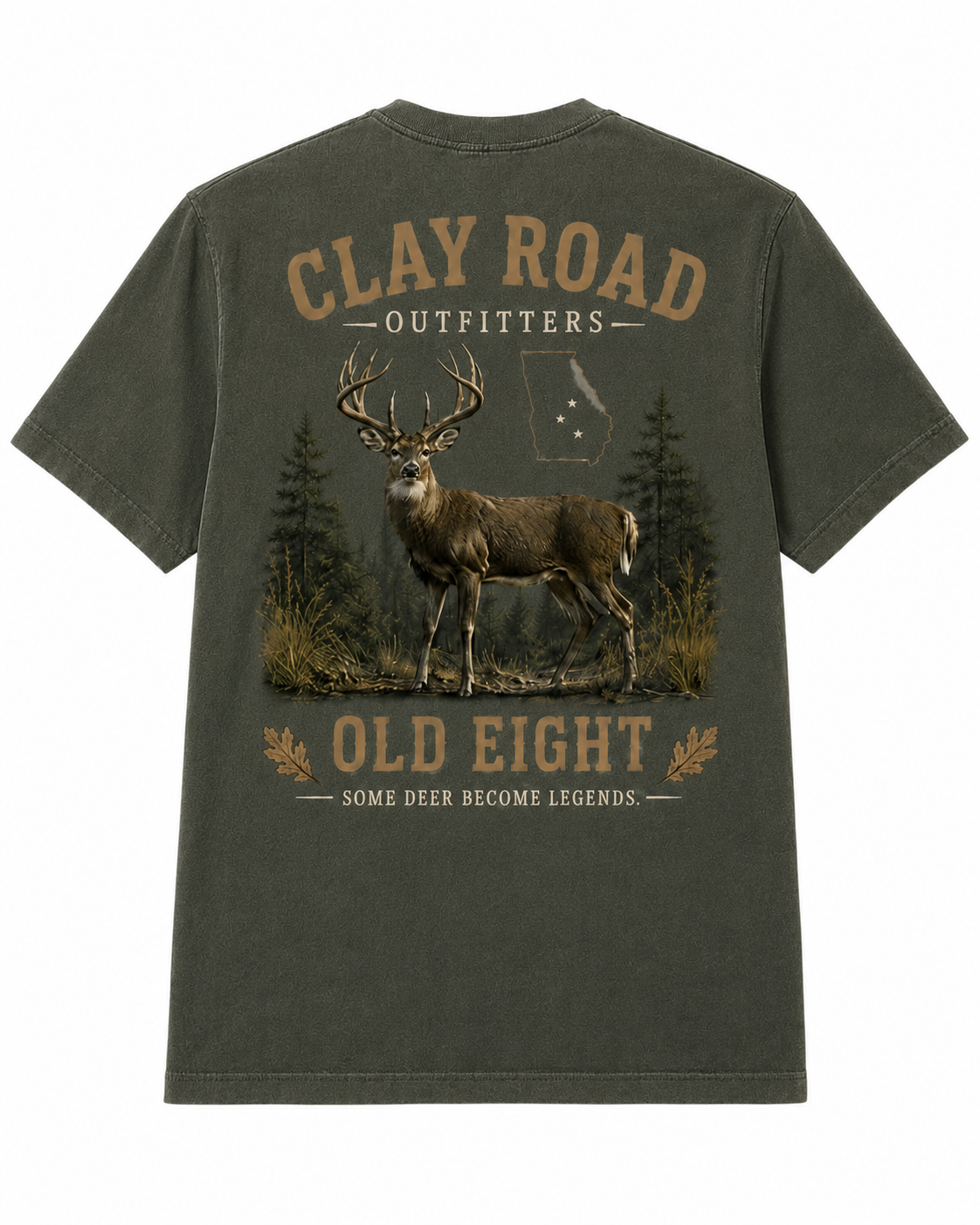 Clay Road Outfitters Old Eight Tee – Moss Green Deer Hunting Graphic Shirt