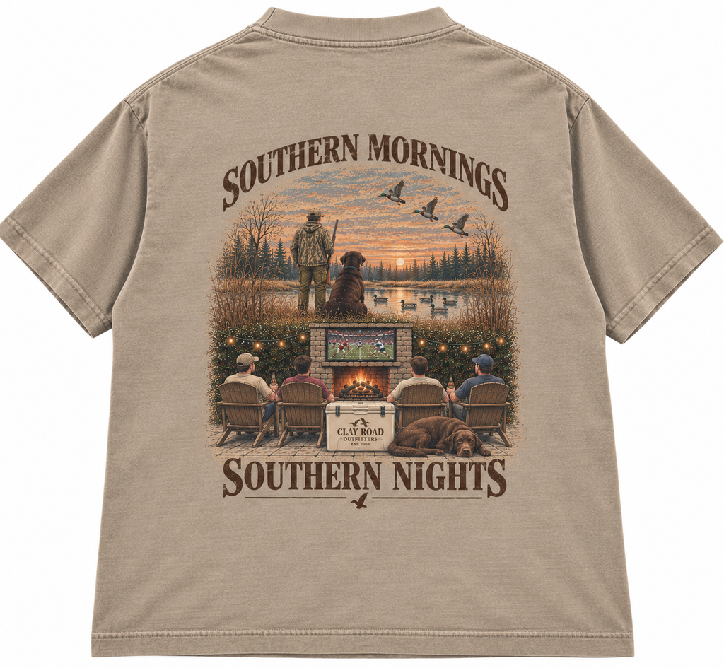 Clay Road Outfitters Southern Mornings, Southern Nights Tee – Duck Hunting Graphic T-Shirt